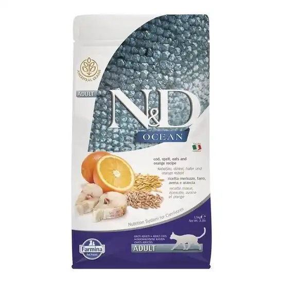 N&D Cat Ocean tőkehal,tönköly,zab&narancs Adult 1,5kg Népszerű