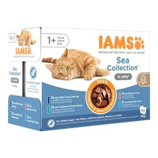 Szezonális akció Iams Cat Delights SEA IN JELLY multipack, többféle halas íz, zamatos aszpikban 12x85g