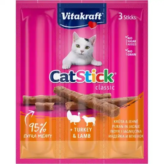 Szezonális akció Vitakraft Cat Stick Jutalomfalat Mini Pulyka & Bárány 3x6g