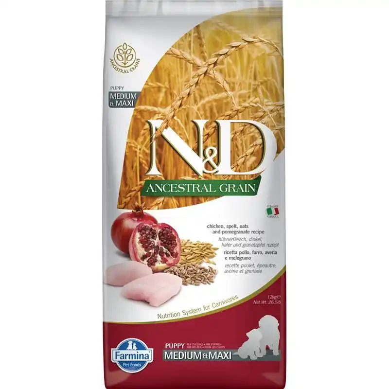 Prémium N&D Dog Ancestral Grain csirke,tönköly,zab&gránátalma Puppy Medium&maxi 12kg