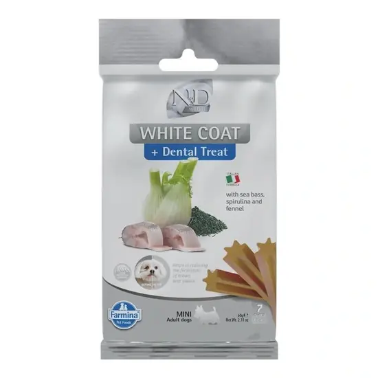 Árcsökkenés N&D White Dog Dental Jutalomfalat Sea bass,fennel,rice&spirulina Adult Mini 60g