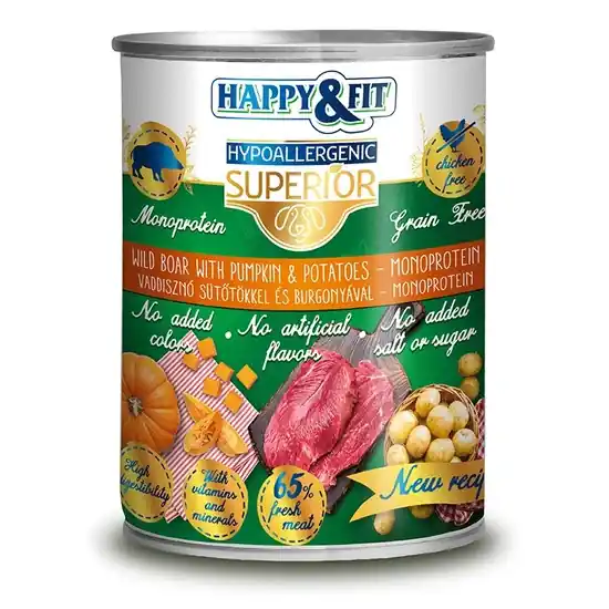 Happy&Fit Superior Dog Monoprotein Konzerv Friss Vaddisznóhús sütőtökkel, burgonyával 400g Akció
