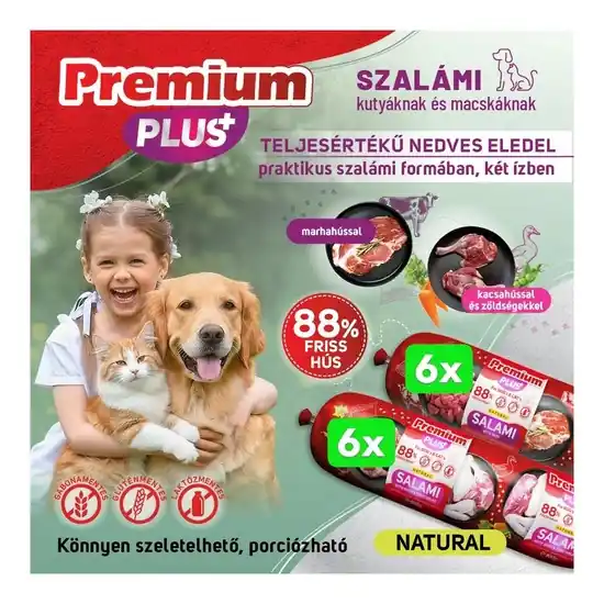 Premium Plus kutya, macska szalámi 88% hús marha,kacsahús+zöldségek 800g 2*6db BOX Olcsóbb