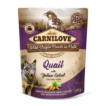 Biztonságos fizetés Carnilove Dog Adult tasakos Paté – fürj sárgarépával 300 g