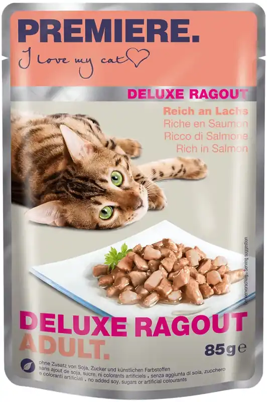 Olcsó Premiere Deluxe Ragout macska tasak adult lazac 22x85g
