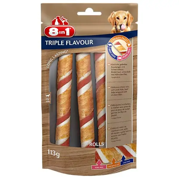 8in1 Triple Flavour kutya jutalomfalat rágótekercs 3db Exkluzív ajánlat