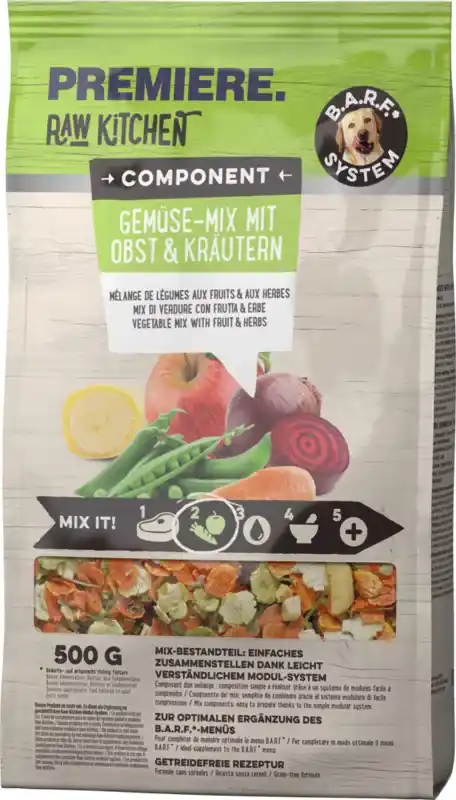 Biztonságos fizetés Premiere Raw Kitchen kutya zöldségpehely gyümölcsökkel és gyógynövényekkel 500g
