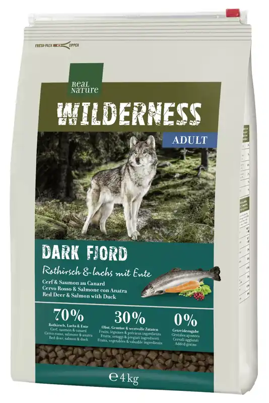 Real Nature Wilderness száraz kutyaeledel adult Dark Fjord gímszarvas&lazac 4kg Expressz kézbesítés