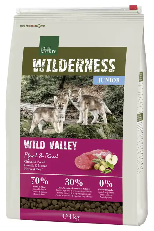 Azonnal elérhető Real Nature Wilderness száraz kutyaeledel junior lóhús&marha 4kg