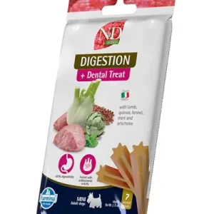 Azonnali szállítás N&D Quinoa Dental Digestion Mini Fogtisztító kutya jutalomfalat emésztési problémákra bárány 60g