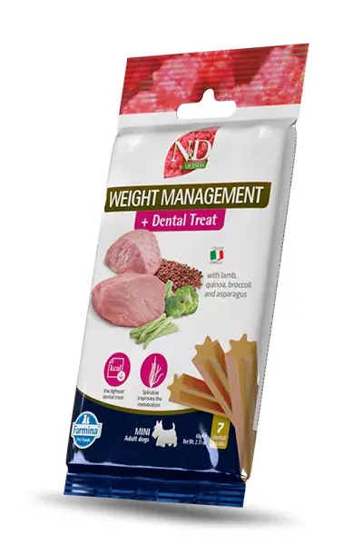 Azonnali szállítás N&D Quinoa Dental Weight Management Mini Fogtisztító kutya jutalomfalat bárány 60g