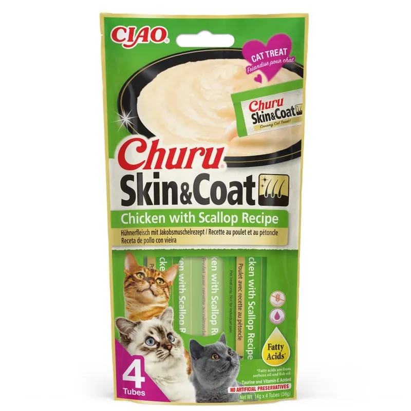 Biztonságos fizetés INABA Churu Skin&Coat krém macska jutalomfalat csirke&kagyló 4x14g