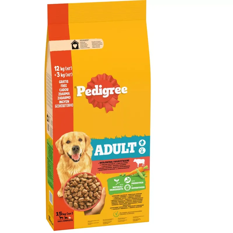 Olcsóbb Pedigree M/L adult száraz kutyaeledel marha&zöldség 12+3kg