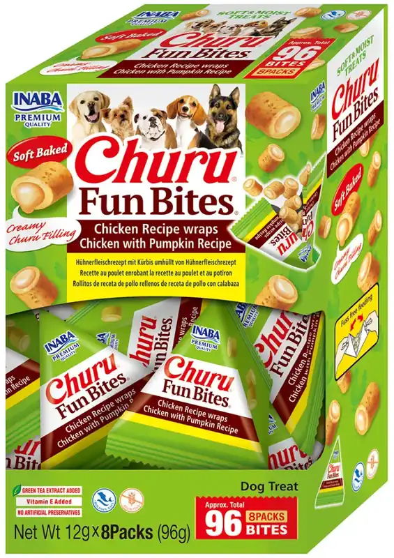 Expressz szállítás INABA Churu Fun Bites wrap kutya jutalomfalat csirke&sütőtök töltelékkel 8x12g