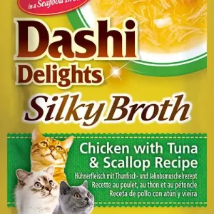 Szezonális akció INABA Dashi Delights SB fésűkagylós leves macska tasak csirke&tonhal&fésűkagyló 12x40g