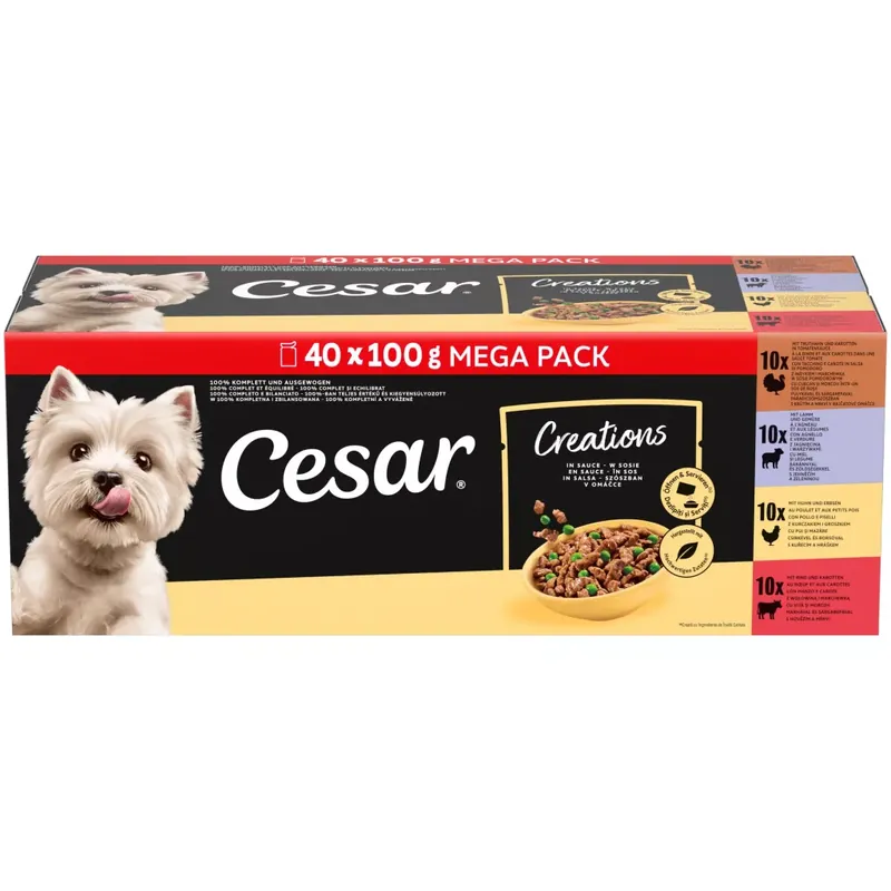 Szezonális akció Cesar tasak MP nedves kutyaeledel vegyes válogatás szószban 40x100g