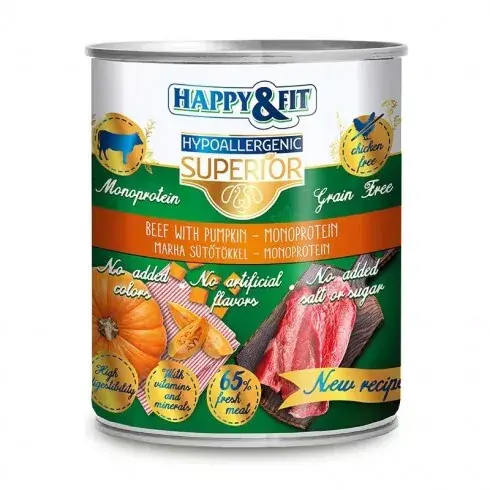Azonnali szállítás Happy&Fit Superior Dog Monoprotein Konzerv Marhahús sütőtökkel 800g