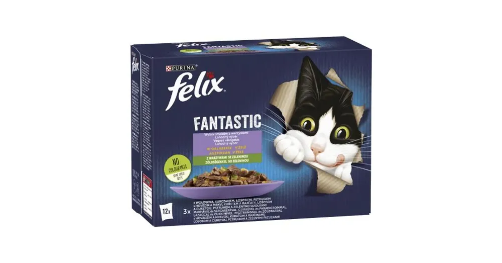 Azonnali szállítás FELIX FANTASTIC Házias válogatás, zöldségekkel aszpikban nedves macskaeledel 12x85g