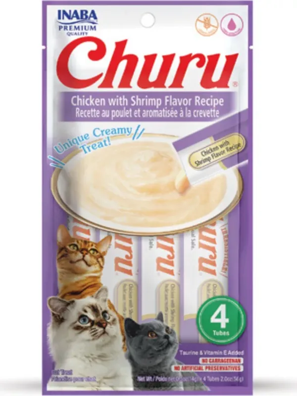 Inaba Cat Churu Püré - csirke, garnélával 4 x 14 g Árcsökkenés