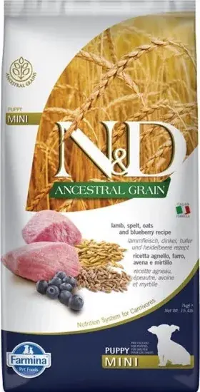 Azonnal elérhető N&D Ancestral Grain Dog bárány, tönköly, zab & áfonya puppy mini 7 kg