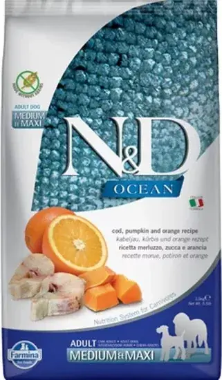Akció N&D Dog Ocean tőkehal, sütőtök & narancs adult medium/maxi 2,5 kg