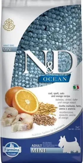 N&D Dog Ocean tőkehal, tönköly, zab & narancs adult mini 7 kg Azonnali szállítás