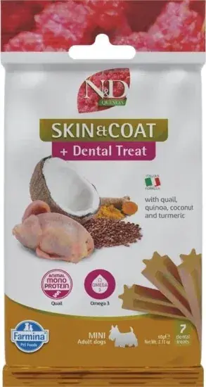 Akció N&D Quinoa Dog Jutalomfalat Skin & Coat Quail Adult Mini 60 g