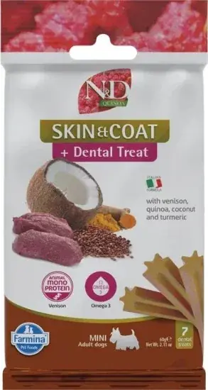 Szuper ajánlat N&D Quinoa Dog Jutalomfalat Skin & Coat Venison Adult Mini 60 g