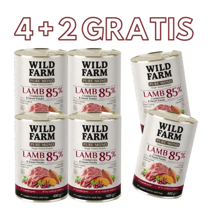 Gyors kiszállítás WILD FARM PURE MONO Bárány, áfonya és édesburgonya 6x400 g – egyfehérjés kutyaeledel