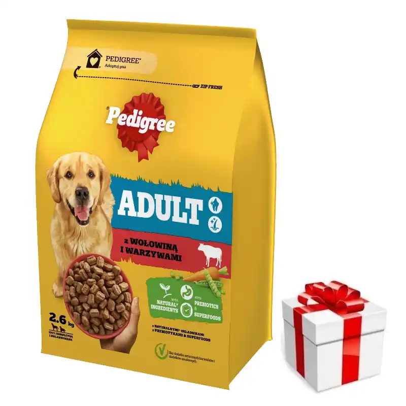 PEDIGREE® Adult 2,6 kg marhahússal és zöldségekkel – teljes értékű száraz táplálék nagy és közepes testű felnőtt kutyák számára + ingyenes meglepetés ajándék kutyájának Kedvezmény