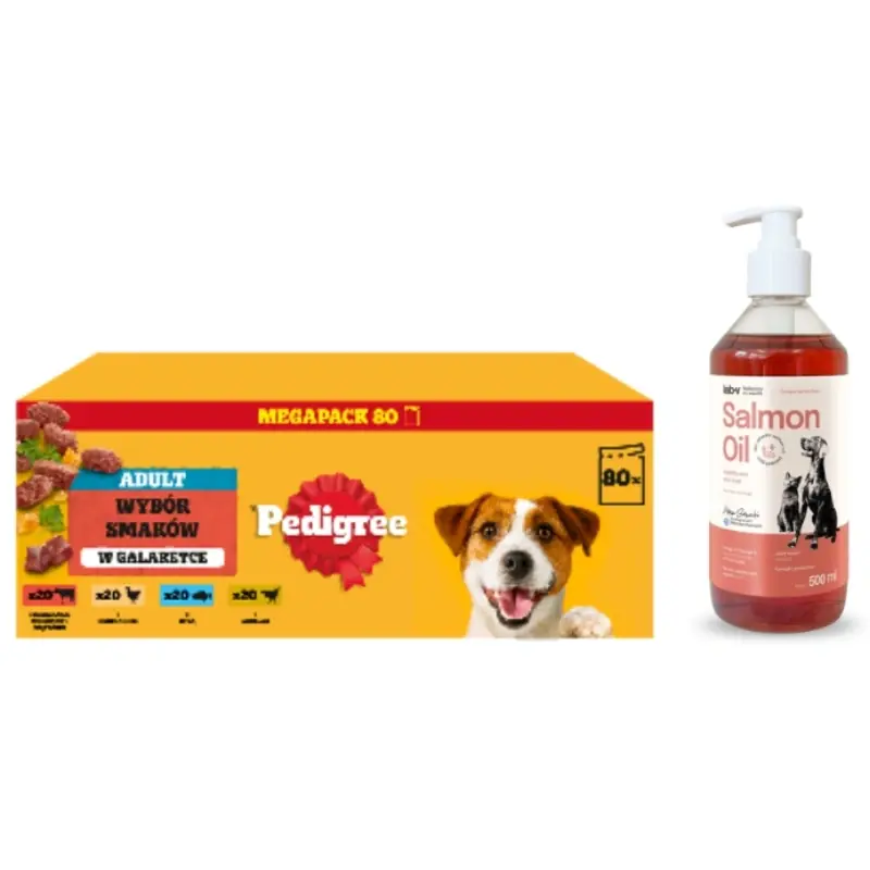 Kiárusítás PEDIGREE® felnőtt kutyáknak szánt nedves eledel, különböző ízekben, zselében, 80 x 100 g-os tasakokban + LAB V lazacolaj kutyáknak és macskáknak 500 ml