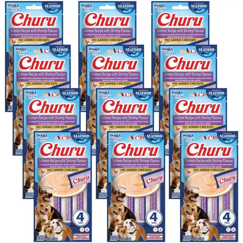 Kedvezményes ár INABA Dog Churu (hal alapú) lazac, garnéla 12x(4x14g)