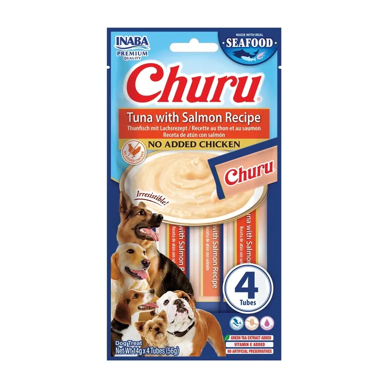 Végkiárusítás INABA Dog Churu (hal alapú) lazac zöldséges 4x14g (56g)