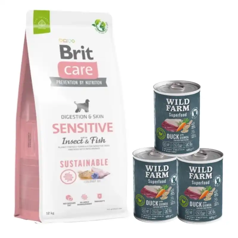 BRIT CARE Fenntartható érzékeny rovarok és halak 12 kg + Wild Farm Superfood Kacsa 3x400 g gabonamentes kutyaeledel Kedvezményes ár