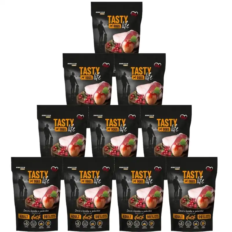 Azonnali szállítás Tasty Dogs Life kacsa zselés tál 10x500g