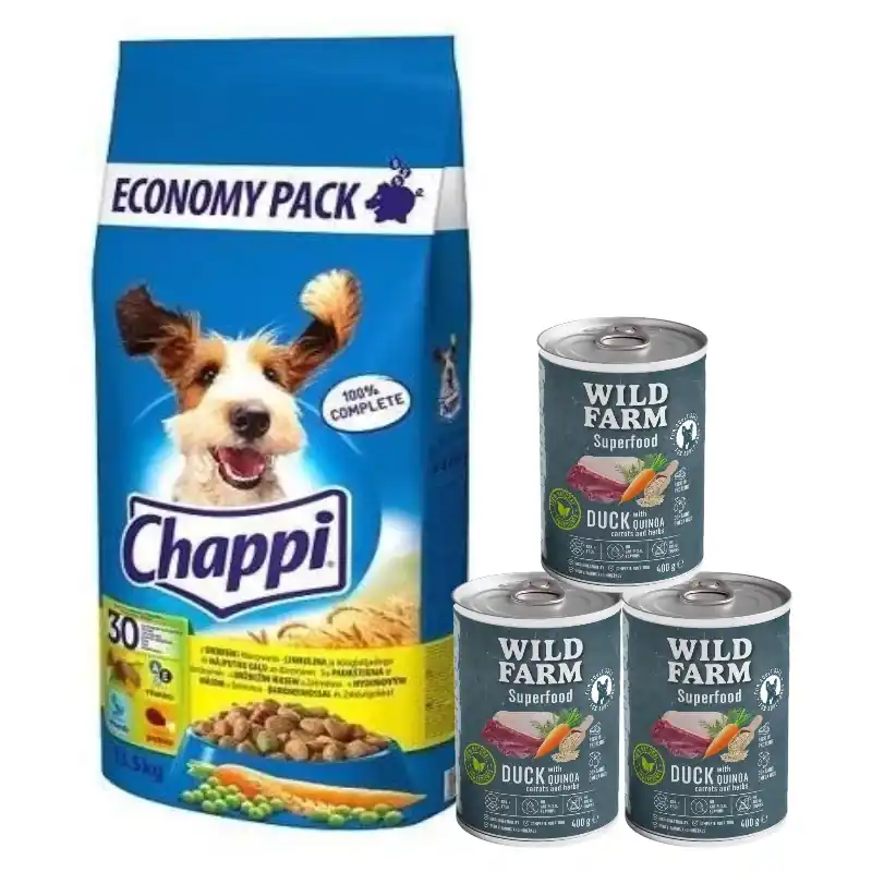 Biztonságos vásárlás Chappi Száraz kutyatáp baromfival és zöldségekkel 13.5kg + Wild Farm Superfood kacsa 3x400g