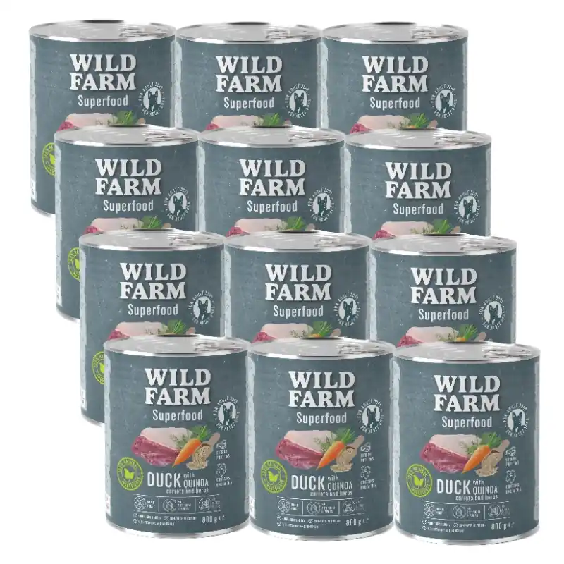WILD FARM Superfood Duck (Kacsa quinoával, sárgarépával és fűszernövényekkel) 12x800g Gabonamentes kutyatáp Alacsony ár