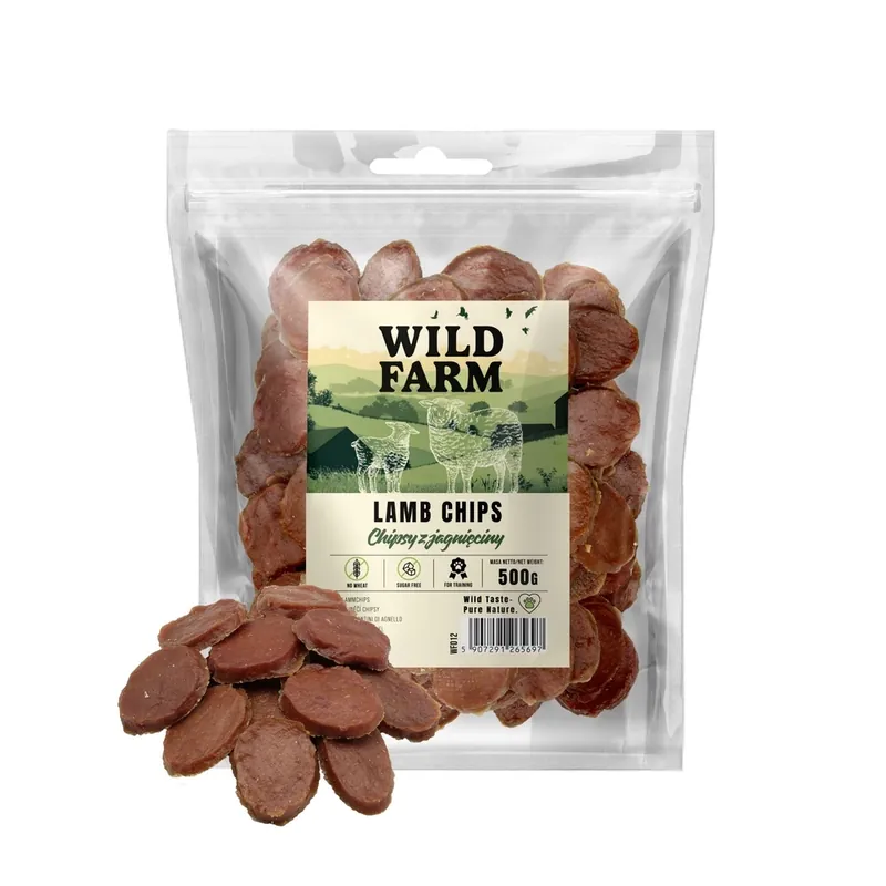 Kedvezmény WILD FARM bárányhús chips 500g – jutalomfalat kutyáknak