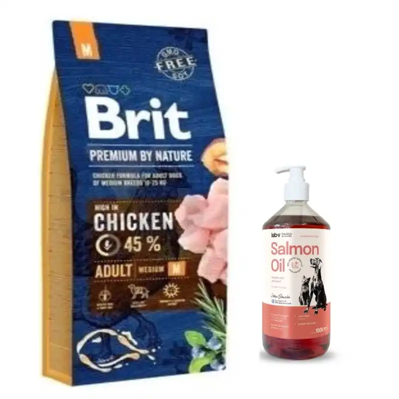 Árcsökkenés Brit Premium By Nature Adult M csirkével 15kg + Lab-V lazacolaj 100% kutyáknak és macskáknak minden korosztály számára 1000ml hidegen sajtolt