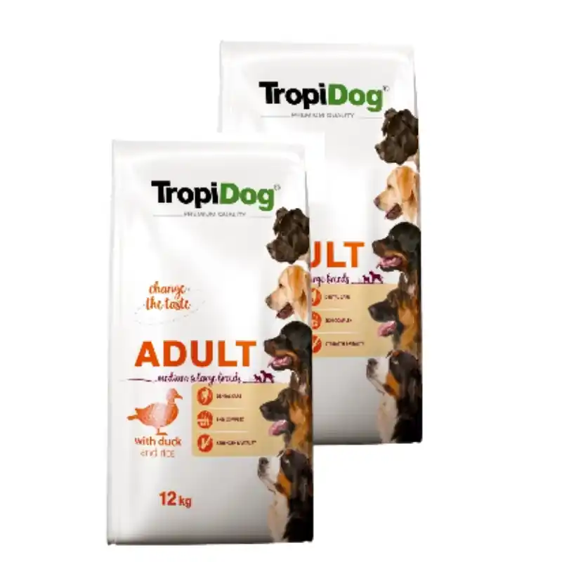 Kihagyhatatlan ajánlat Tropidog Premium Adult Medium & Large Breed kacsa és rizs 2x12kg