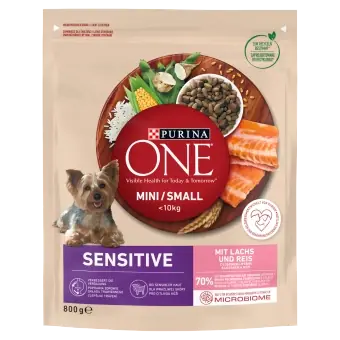 Vedd meg most PURINA ONE Mini/Small Sensitive lazac, rizs - száraz kutyaeledel - 800 g
