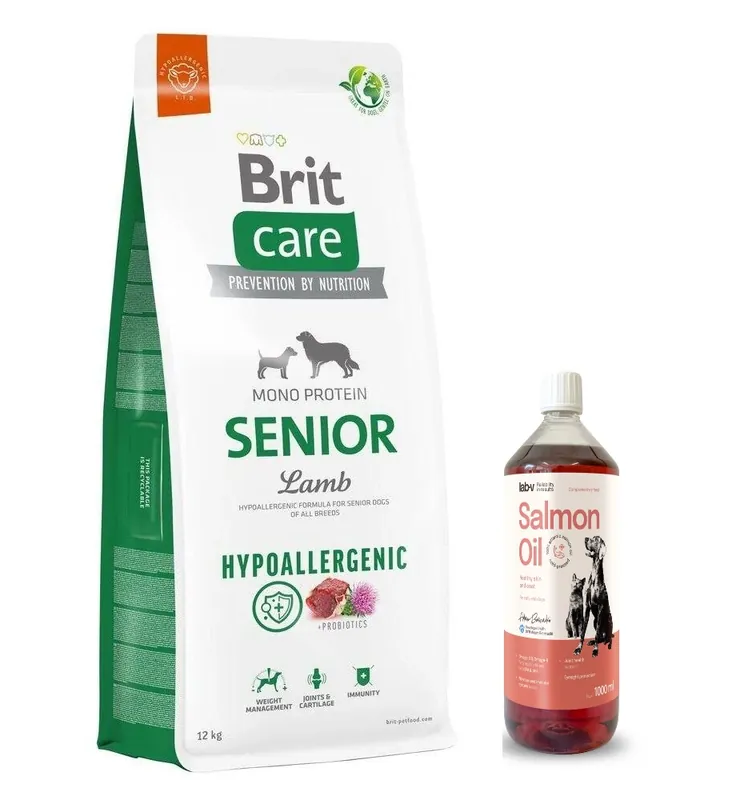 BRIT CARE Hipoallergén Senior Bárány 12kg + Lab-V 100% lazacolaj kutyáknak és macskáknak minden korosztály számára 1000ml hidegen sajtolva Expressz kézbesítés