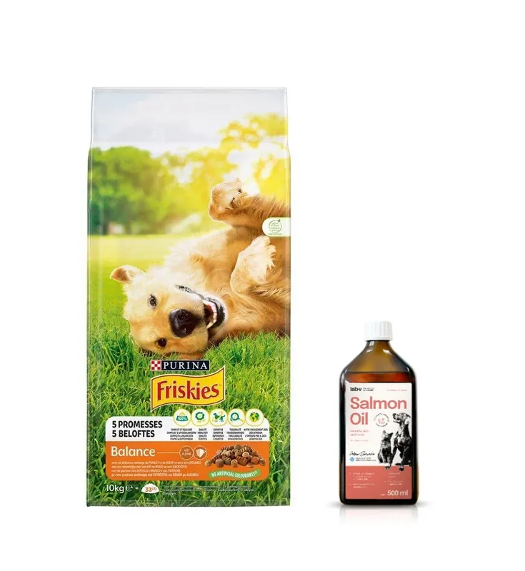 Gyors kiszállítás PURINA Friskies Balance csirke zöldségekkel 15kg + Lab-V lazacolaj 100% minden korú kutyáknak és macskáknak 500ml hidegen sajtolt 500ml