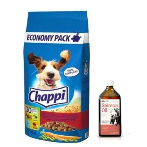 Chappi Száraz kutyatáp marhahússal, baromfival és zöldségekkel 13.5kg + Lab-V 100% lazacolaj kutyáknak és macskáknak minden korosztály számára 500ml hidegen sajtolva Bestseller
