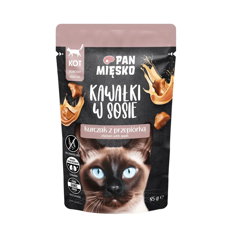 Kiárusítás PAN MIĘSKO Darabkák mártásban Csirke és fürj 85 g macskáknak