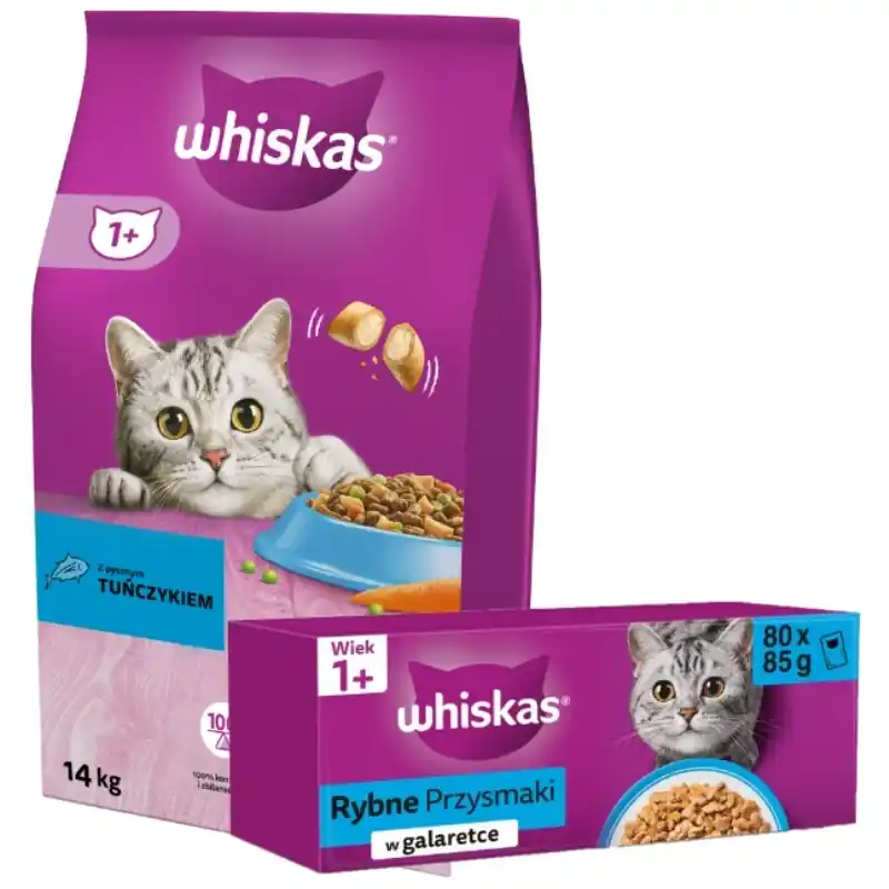 Vedd meg online WHISKAS 1+ száraz macskaeledel tonhallal 14 kg + Whiskas Adult 80x85 g nedves macskaeledel halas finomságok zselében