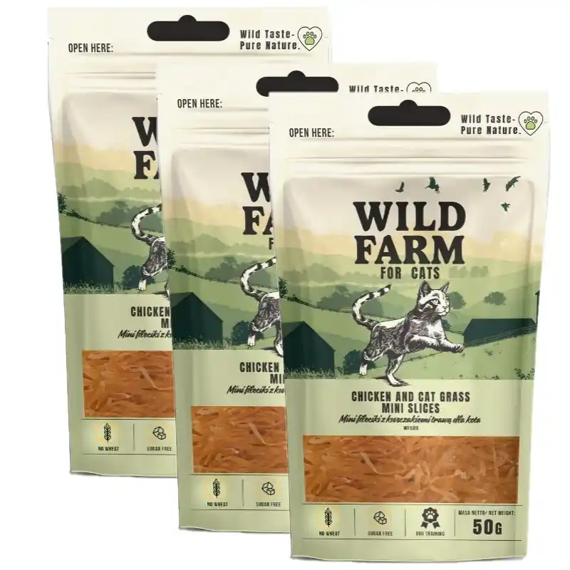 WILD FARM Csirke- és fűfilé macskáknak 3x50g jutalomfalat macskáknak Népszerű