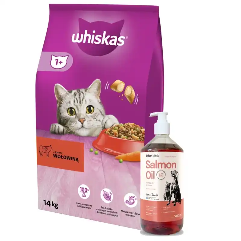 WHISKAS 1+ száraz macskaeledel marhahússal 14 kg + Lab-V 100% lazacolaj kutyáknak és macskáknak minden korosztály számára 1000 ml hidegen sajtolt Ajánlat