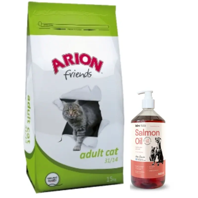 Azonnali szállítás ARION Friends Adult Cat 15 kg + Lab-V 100% lazacolaj kutyáknak és macskáknak minden korosztály számára 1000 ml hidegen sajtolt