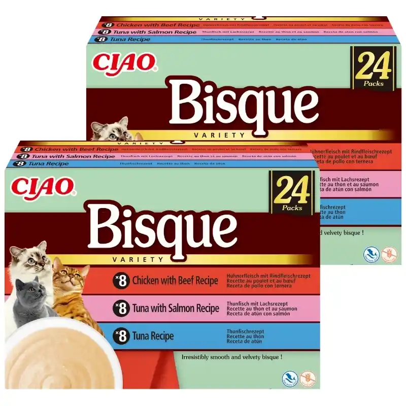 Expressz szállítás INABA Cat Ciao Bisque - kiegészítő eledel macskáknak, krémleves csirkével, marhahússal, tonhallal és lazaccal 2x(24x40g)
